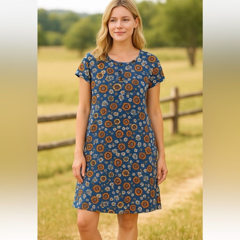 J. Jill Sunflower Floral Blue Orange all over print short sleeve Dress large EUC
